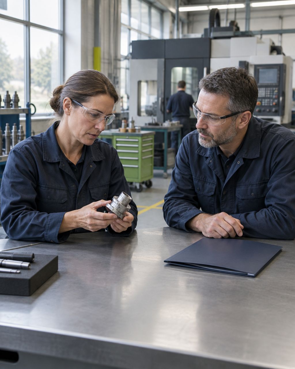 Illustrative industrial operations leaders reviewing a machined component at a workbench